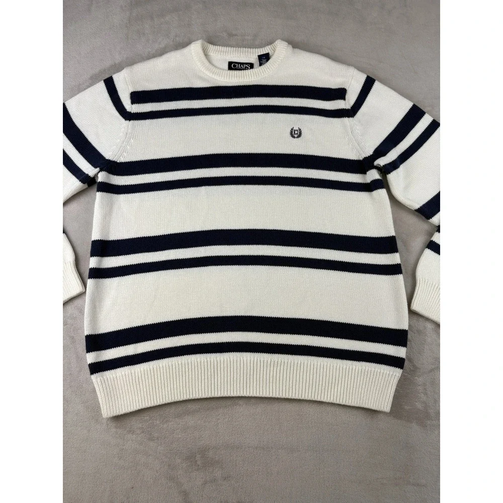 Chaps Mens Cotton Crewneck Sweater Large White Navy Blue Nautical Knit‎ Pullover